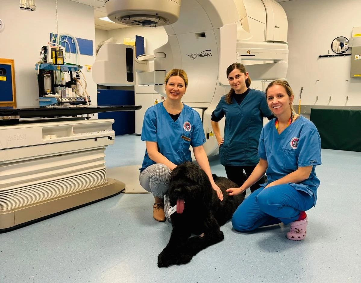 Dr. Magdalena Parys, Nicola Clark (veterinary radiotherapy clinical technologist), and Dr. Silvia Caeriro at the Riddell-Swan Veterinary Center (RSVC) in Edinburgh, Scotland