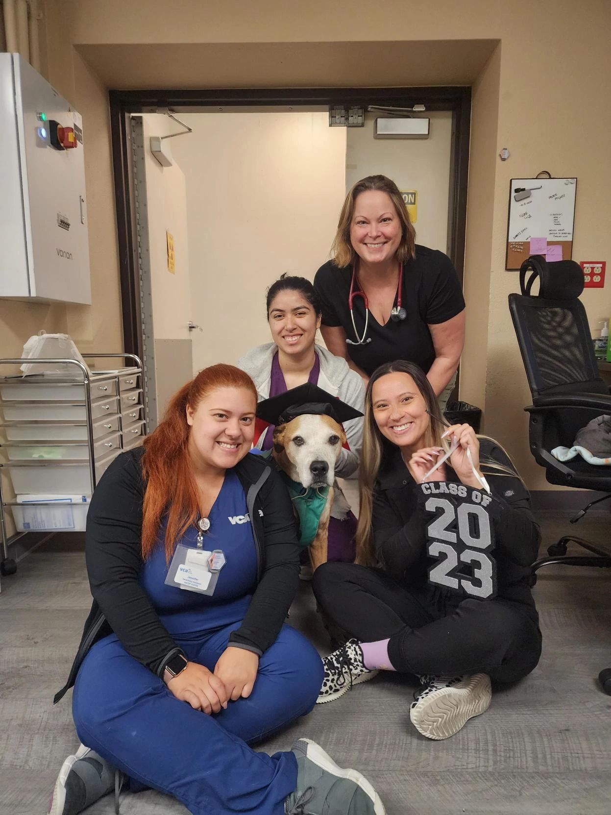 Veterinary oncology staff with Jasper, the Golden Retriever